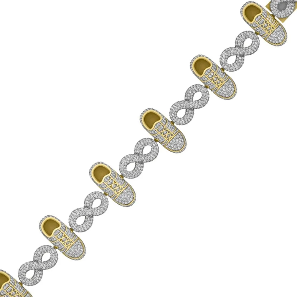 45  Grams Real Genuine Authentic VVS1/D 14.67 Cwt. Hand Set Moissanite Diamond 14K Gold Finish Sports Designer Shoe Sneaker Infinity Tennis Link Mens Custom Bracelet 27mm/8.5''