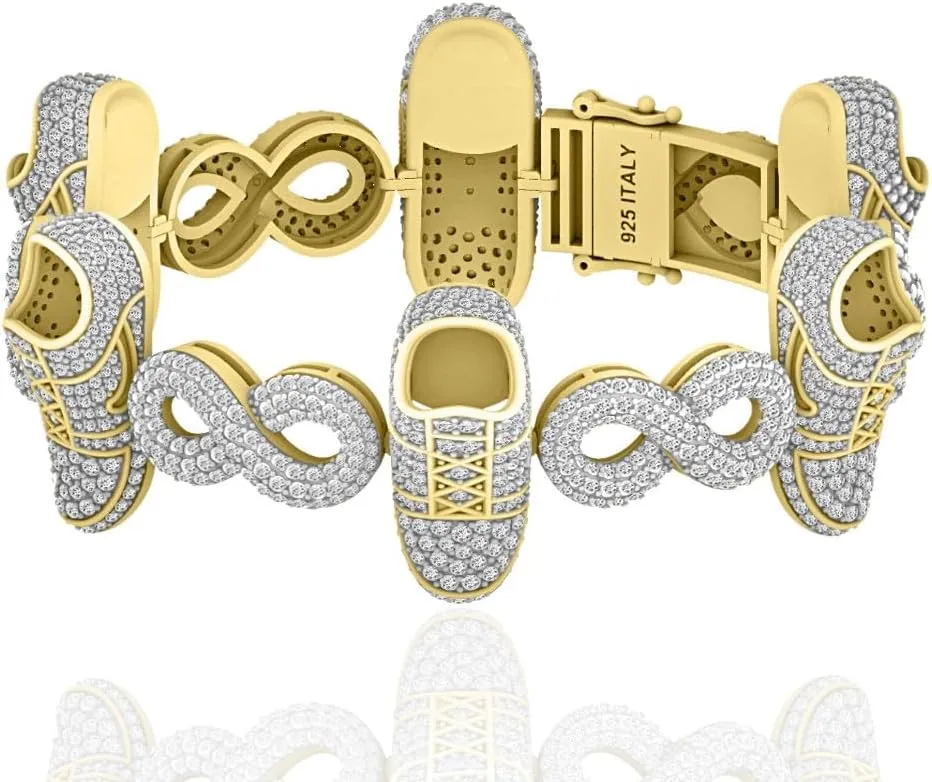 45  Grams Real Genuine Authentic VVS1/D 14.67 Cwt. Hand Set Moissanite Diamond 14K Gold Finish Sports Designer Shoe Sneaker Infinity Tennis Link Mens Custom Bracelet 27mm/8.5''
