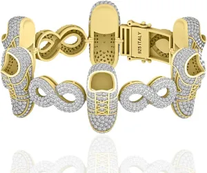 45  Grams Real Genuine Authentic VVS1/D 14.67 Cwt. Hand Set Moissanite Diamond 14K Gold Finish Sports Designer Shoe Sneaker Infinity Tennis Link Mens Custom Bracelet 27mm/8.5''