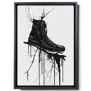 A Black And White Drawing Of A Black Shoe, Cartoon Style With Rough Edges, Dripping Paint, Psychedelic Details, Minimalist Line Art, High Resolution, Canvas Prints