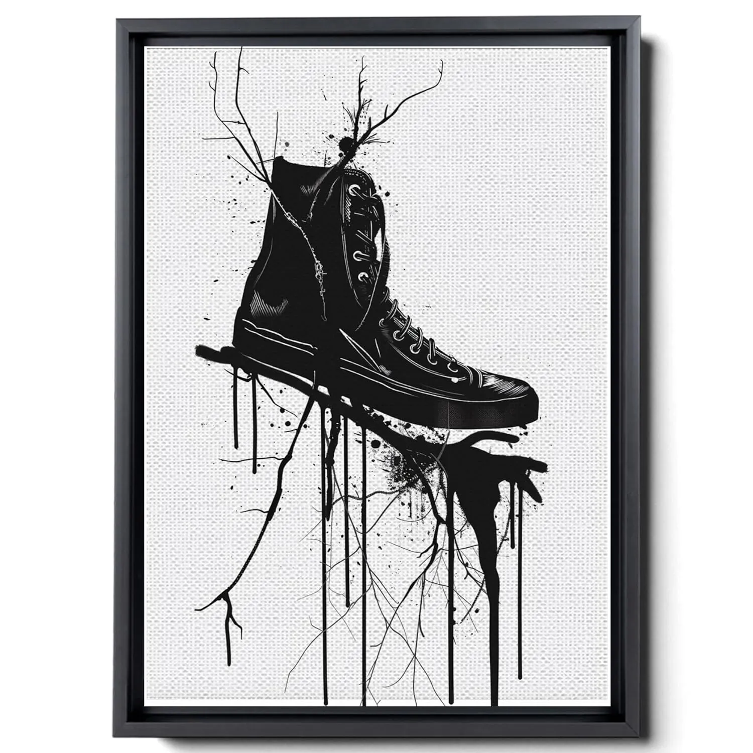 A Black And White Drawing Of A Black Shoe, Cartoon Style With Rough Edges, Dripping Paint, Psychedelic Details, Minimalist Line Art, High Resolution, Canvas Prints