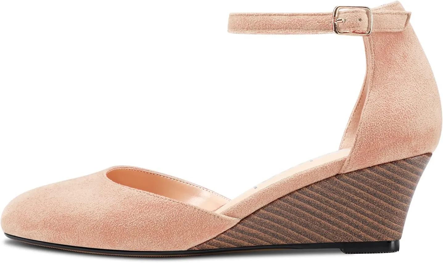 Aachcol Women Cork Wedge Pumps Close Round Toe Two-Piece Ankle Strap Mid Heel Dress Shoes Wedding 2 Inche
