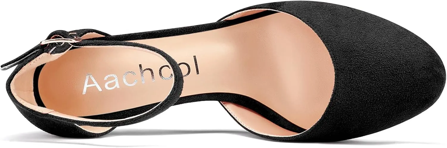 Aachcol Women Cork Wedge Pumps Close Round Toe Two-Piece Ankle Strap Mid Heel Dress Shoes Wedding 2 Inche