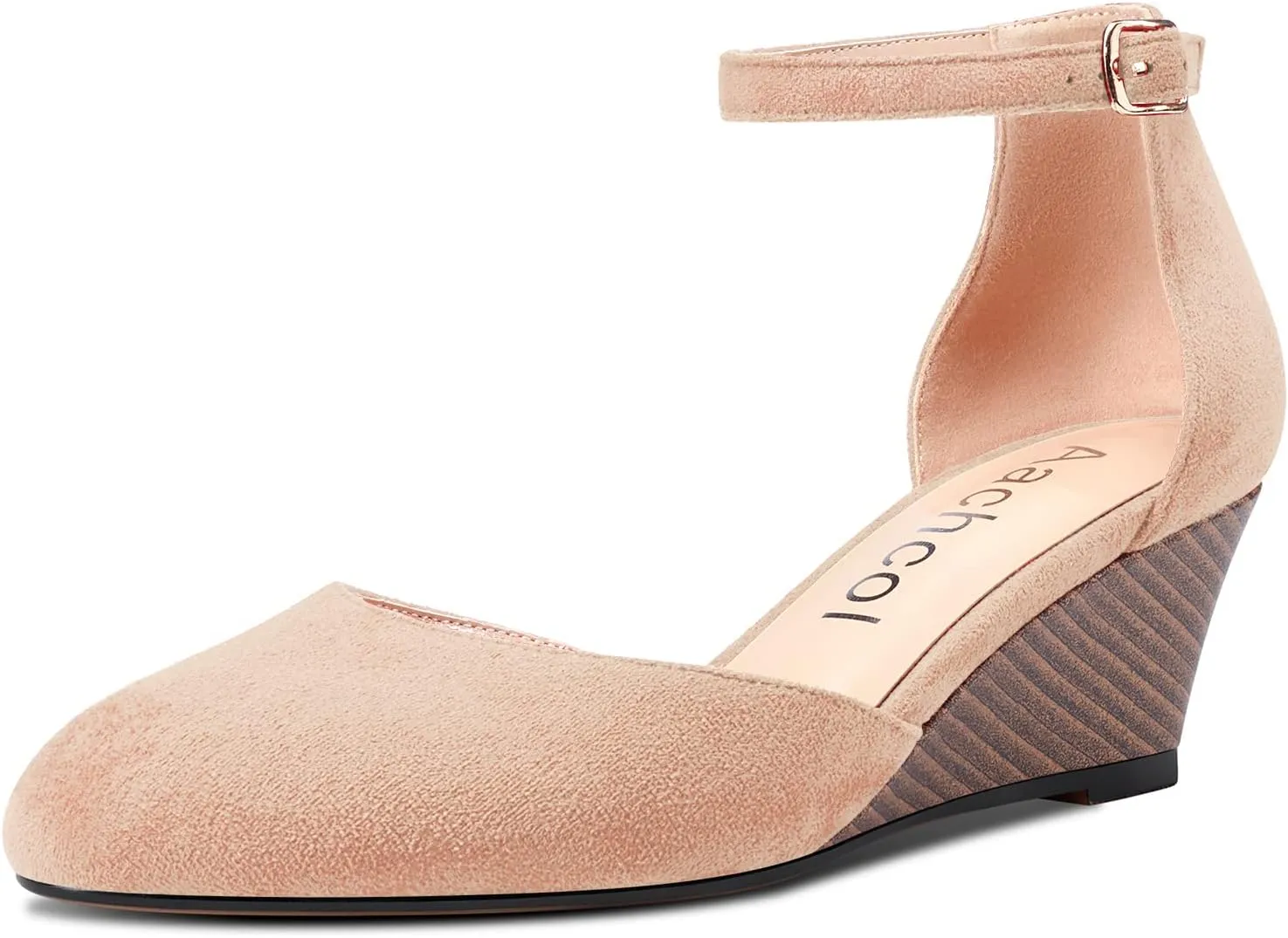 Aachcol Women Cork Wedge Pumps Close Round Toe Two-Piece Ankle Strap Mid Heel Dress Shoes Wedding 2 Inche