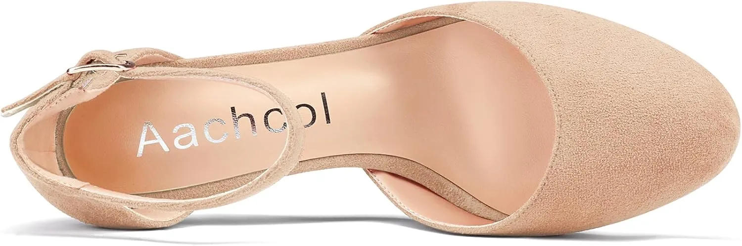 Aachcol Women Cork Wedge Pumps Close Round Toe Two-Piece Ankle Strap Mid Heel Dress Shoes Wedding 2 Inche