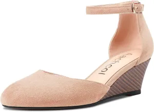 Aachcol Women Cork Wedge Pumps Close Round Toe Two-Piece Ankle Strap Mid Heel Dress Shoes Wedding 2 Inche