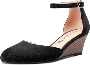Aachcol Women Cork Wedge Pumps Close Round Toe Two-Piece Ankle Strap Mid Heel Dress Shoes Wedding 2 Inche