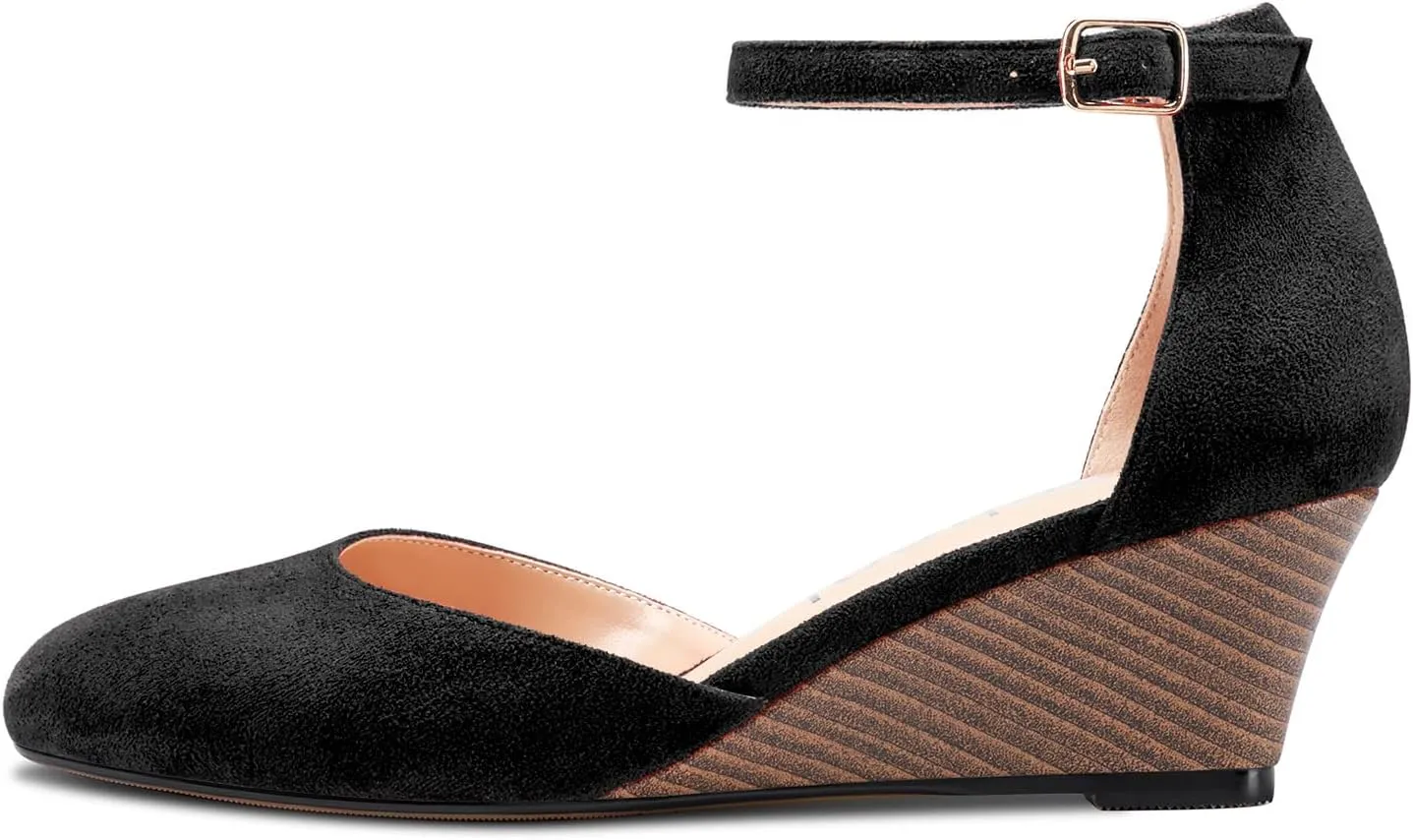 Aachcol Women Cork Wedge Pumps Close Round Toe Two-Piece Ankle Strap Mid Heel Dress Shoes Wedding 2 Inche