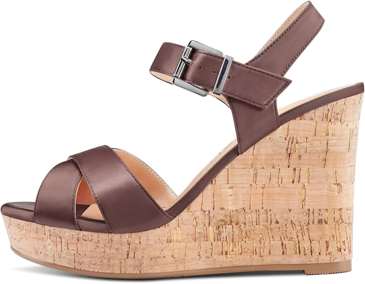 Aachcol Women Cork Wedge Sandals Peep Open Round Toe High Heel Ankle Strap Slingback Clear Dress Shoes Cute Classic Wedding Party 4 Inch