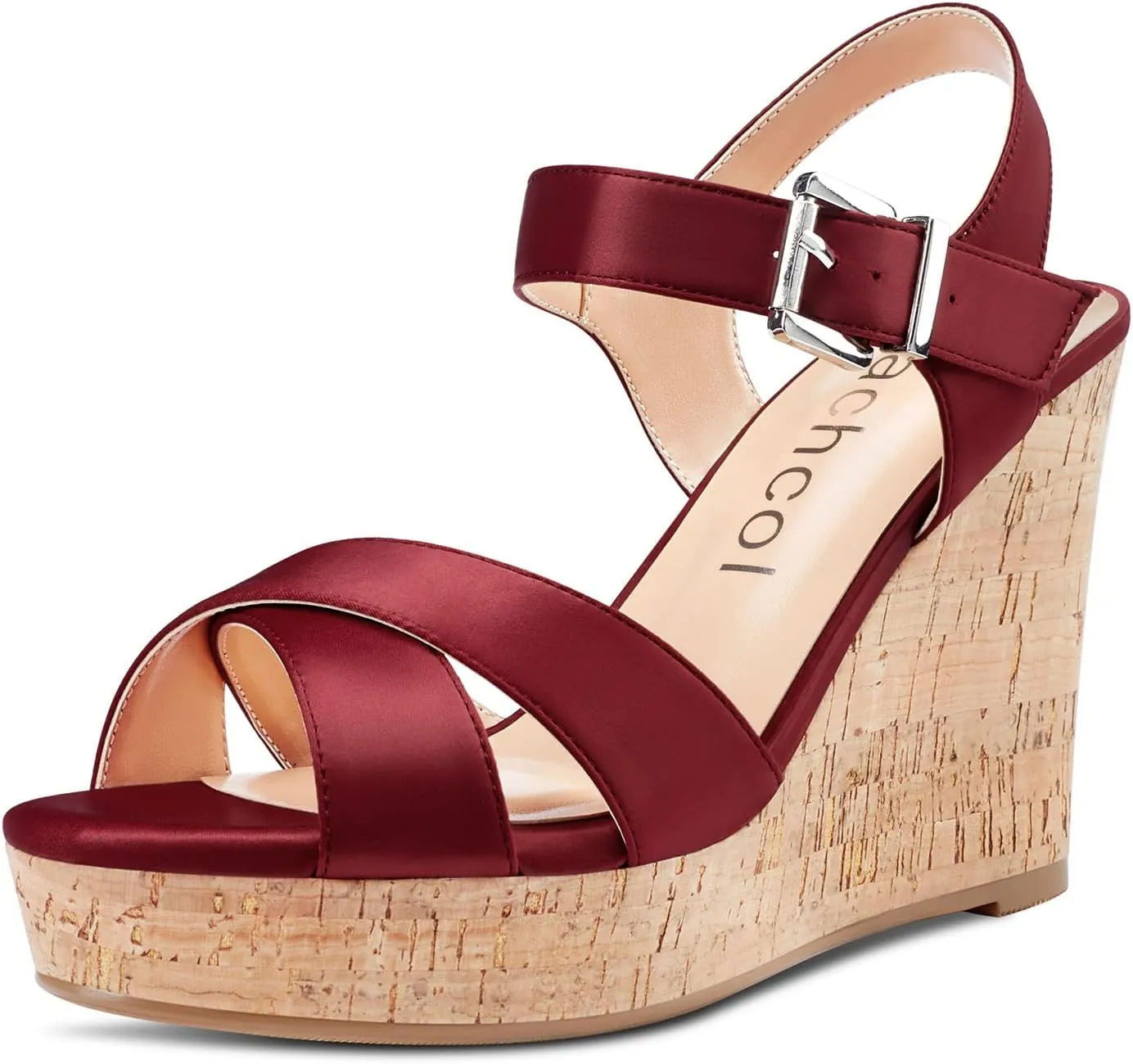 Aachcol Women Cork Wedge Sandals Peep Open Round Toe High Heel Ankle Strap Slingback Clear Dress Shoes Cute Classic Wedding Party 4 Inch
