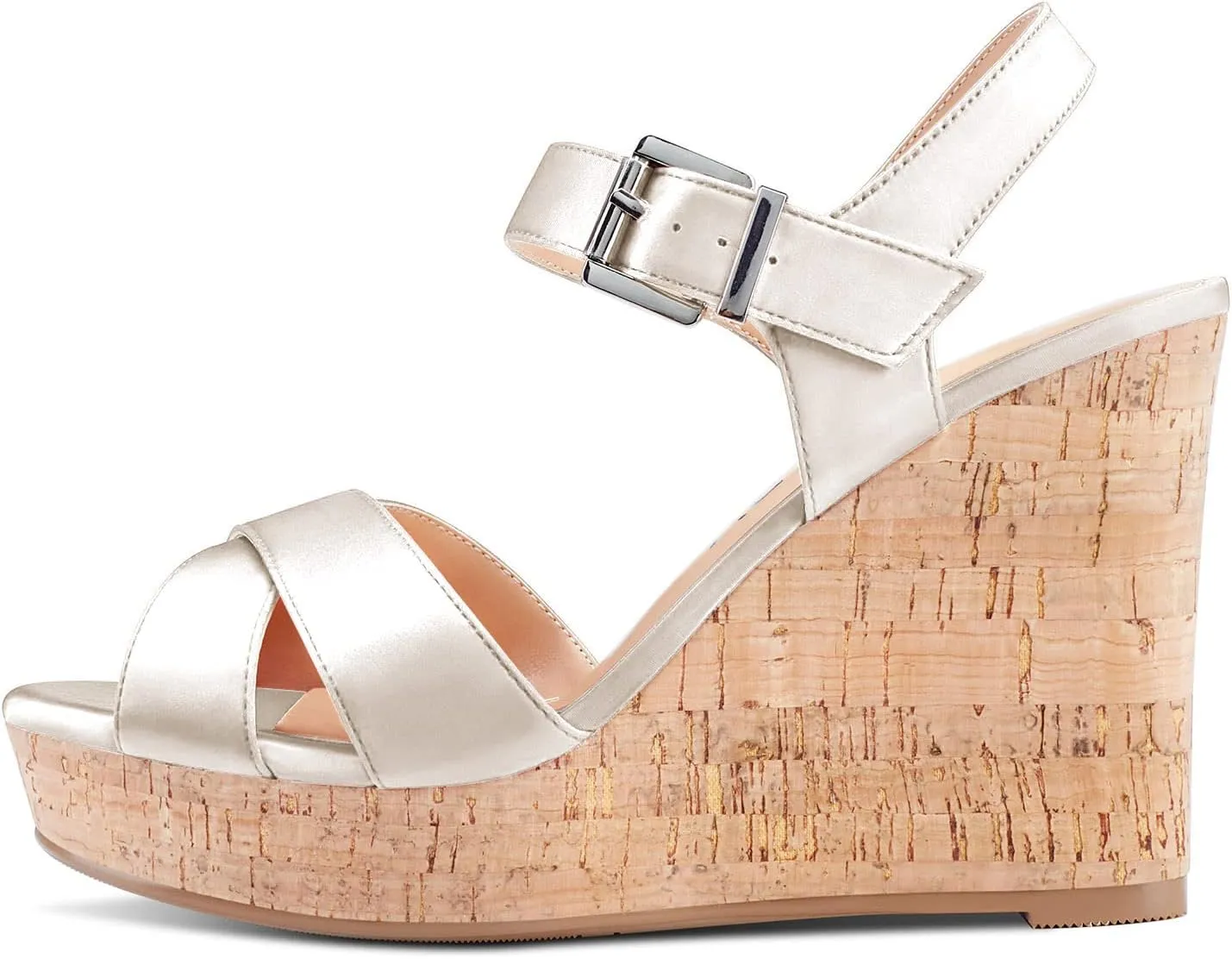 Aachcol Women Cork Wedge Sandals Peep Open Round Toe High Heel Ankle Strap Slingback Clear Dress Shoes Cute Classic Wedding Party 4 Inch