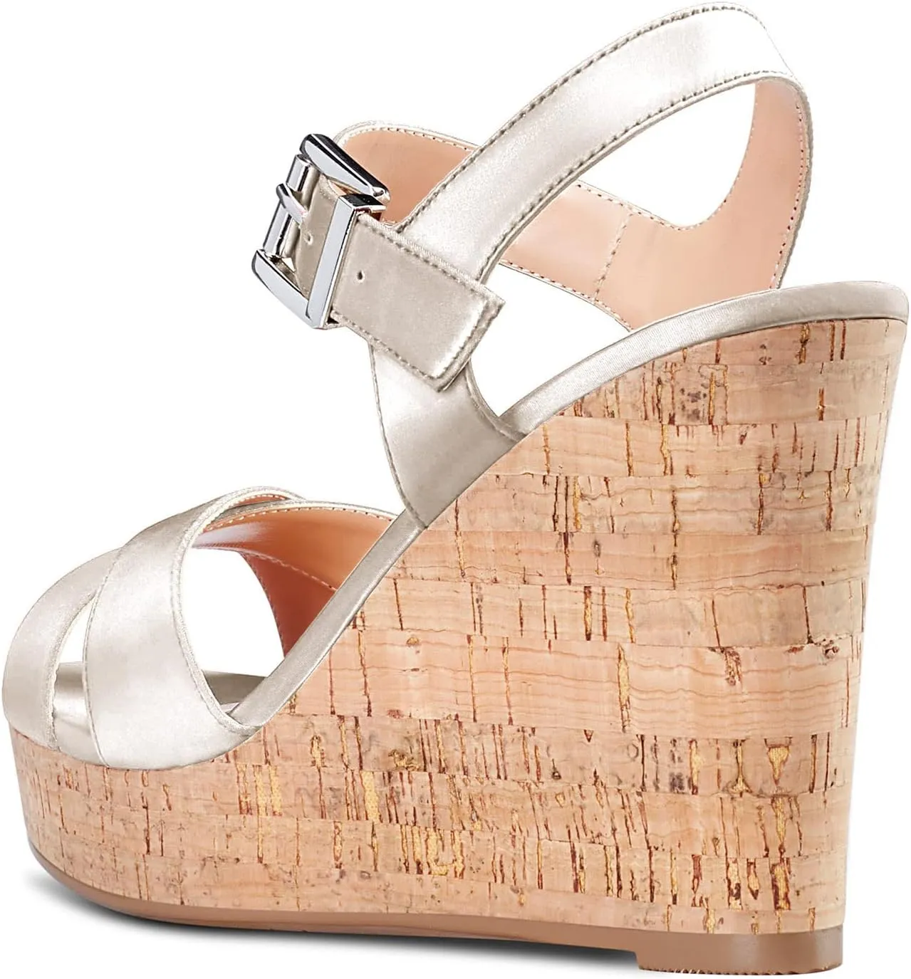 Aachcol Women Cork Wedge Sandals Peep Open Round Toe High Heel Ankle Strap Slingback Clear Dress Shoes Cute Classic Wedding Party 4 Inch