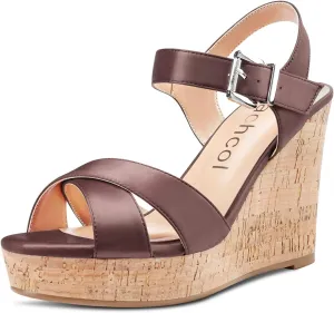 Aachcol Women Cork Wedge Sandals Peep Open Round Toe High Heel Ankle Strap Slingback Clear Dress Shoes Cute Classic Wedding Party 4 Inch