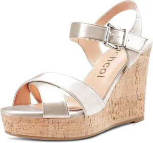 Aachcol Women Cork Wedge Sandals Peep Open Round Toe High Heel Ankle Strap Slingback Clear Dress Shoes Cute Classic Wedding Party 4 Inch