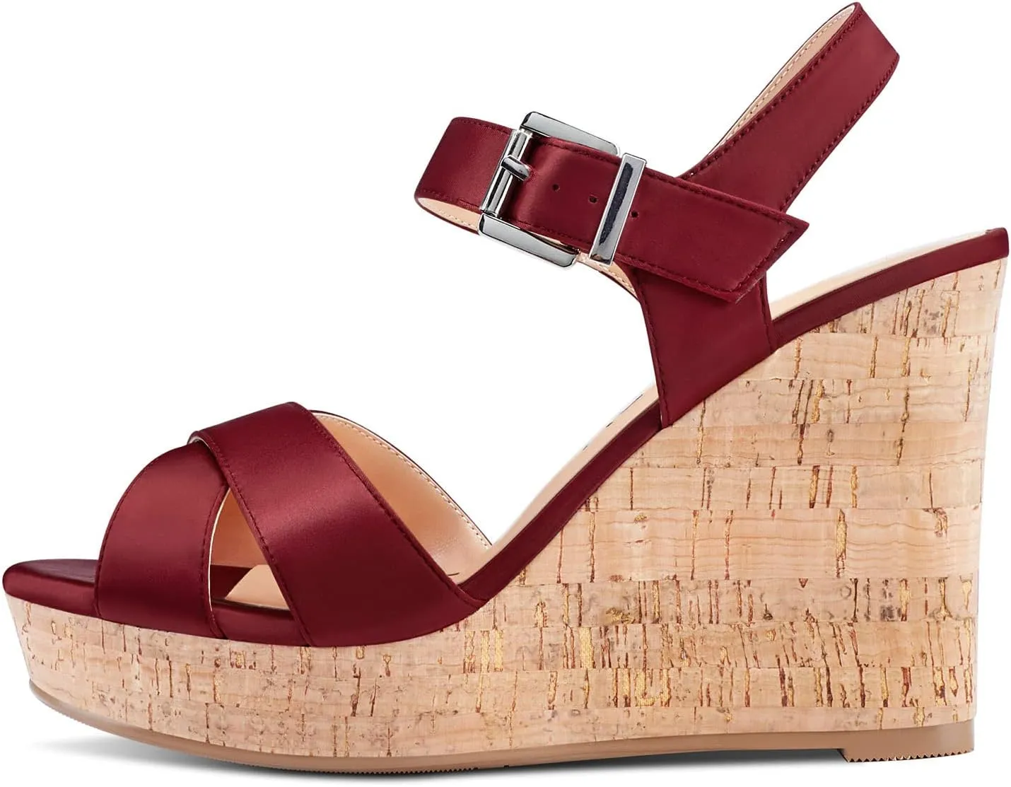 Aachcol Women Cork Wedge Sandals Peep Open Round Toe High Heel Ankle Strap Slingback Clear Dress Shoes Cute Classic Wedding Party 4 Inch