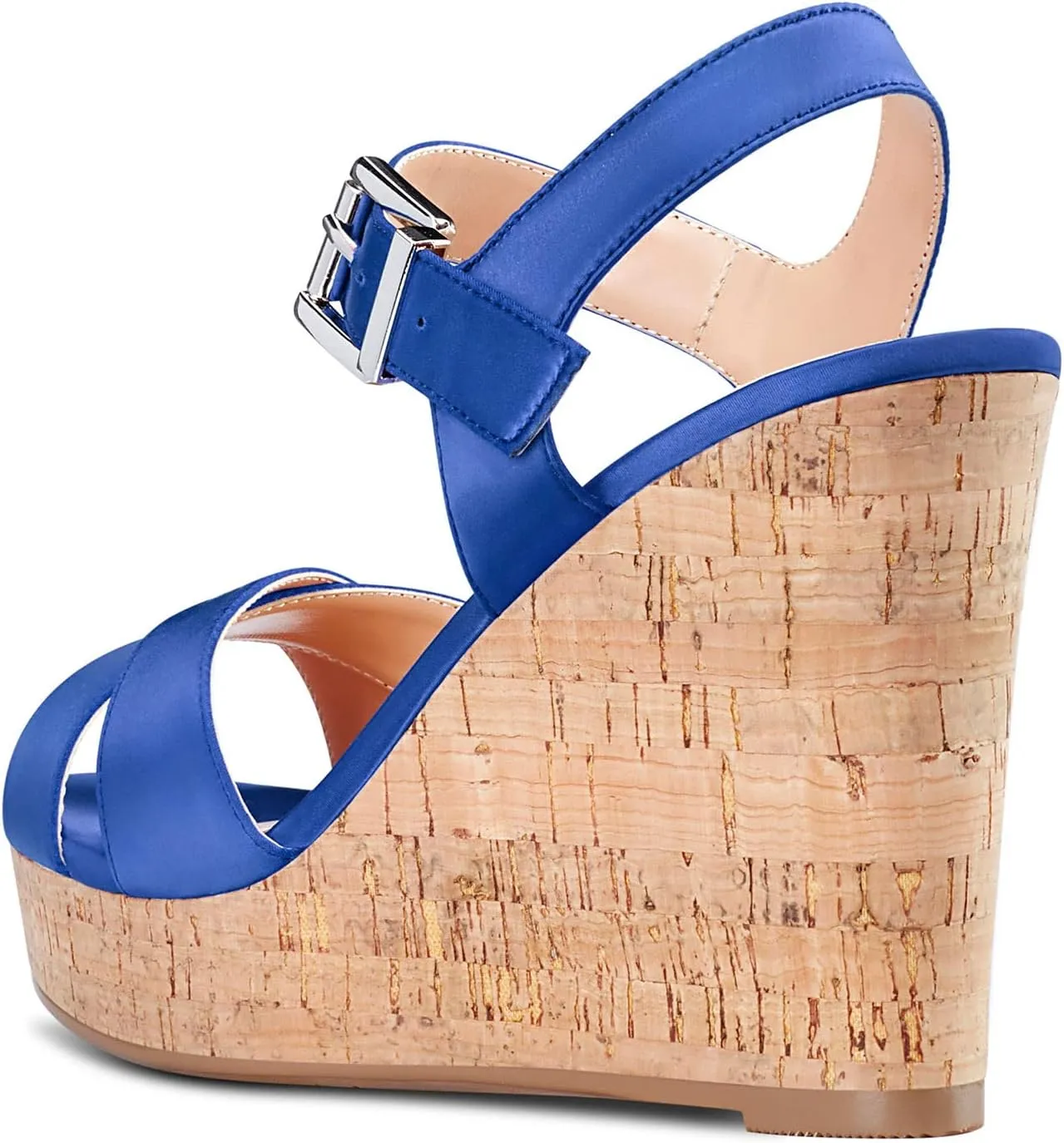 Aachcol Women Cork Wedge Sandals Peep Open Round Toe High Heel Ankle Strap Slingback Clear Dress Shoes Cute Classic Wedding Party 4 Inch