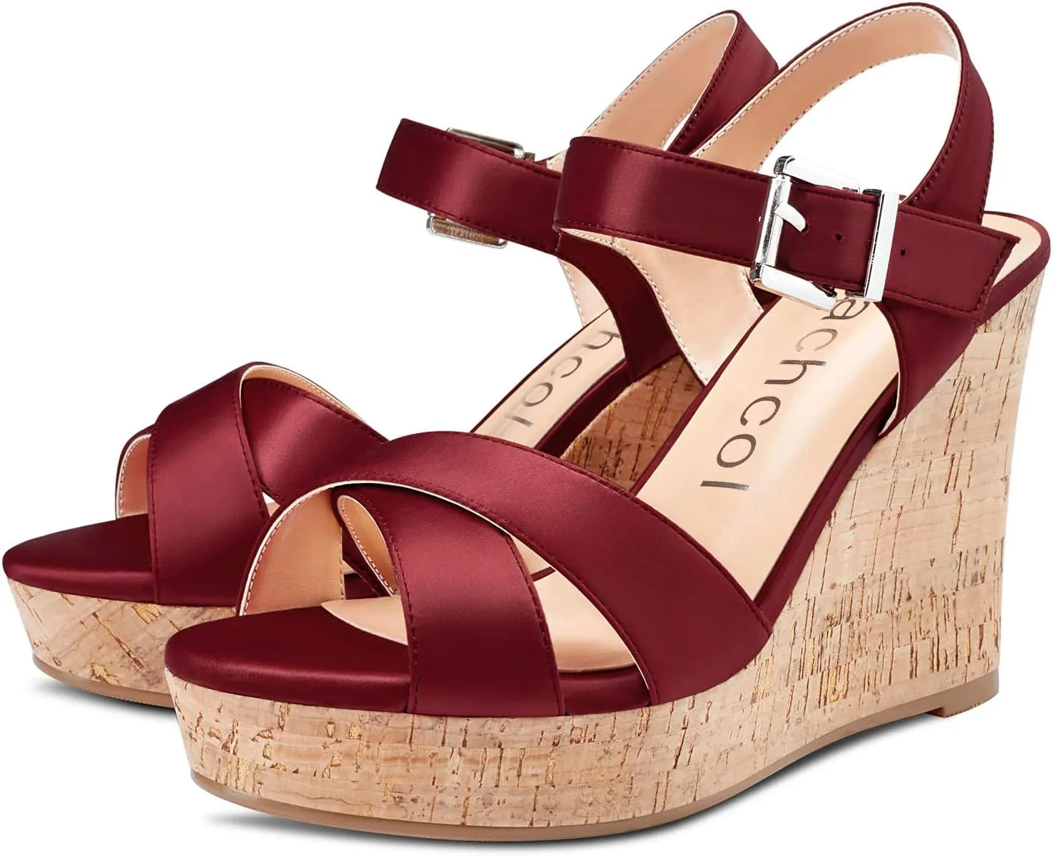 Aachcol Women Cork Wedge Sandals Peep Open Round Toe High Heel Ankle Strap Slingback Clear Dress Shoes Cute Classic Wedding Party 4 Inch