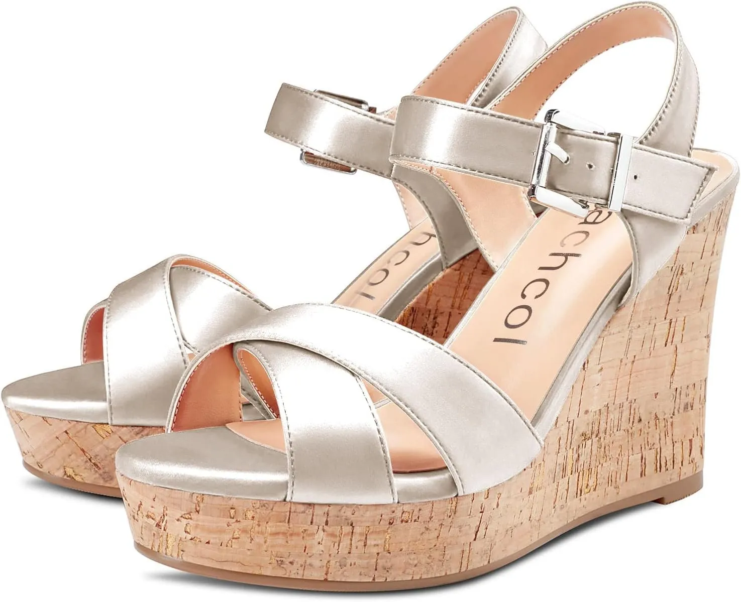 Aachcol Women Cork Wedge Sandals Peep Open Round Toe High Heel Ankle Strap Slingback Clear Dress Shoes Cute Classic Wedding Party 4 Inch