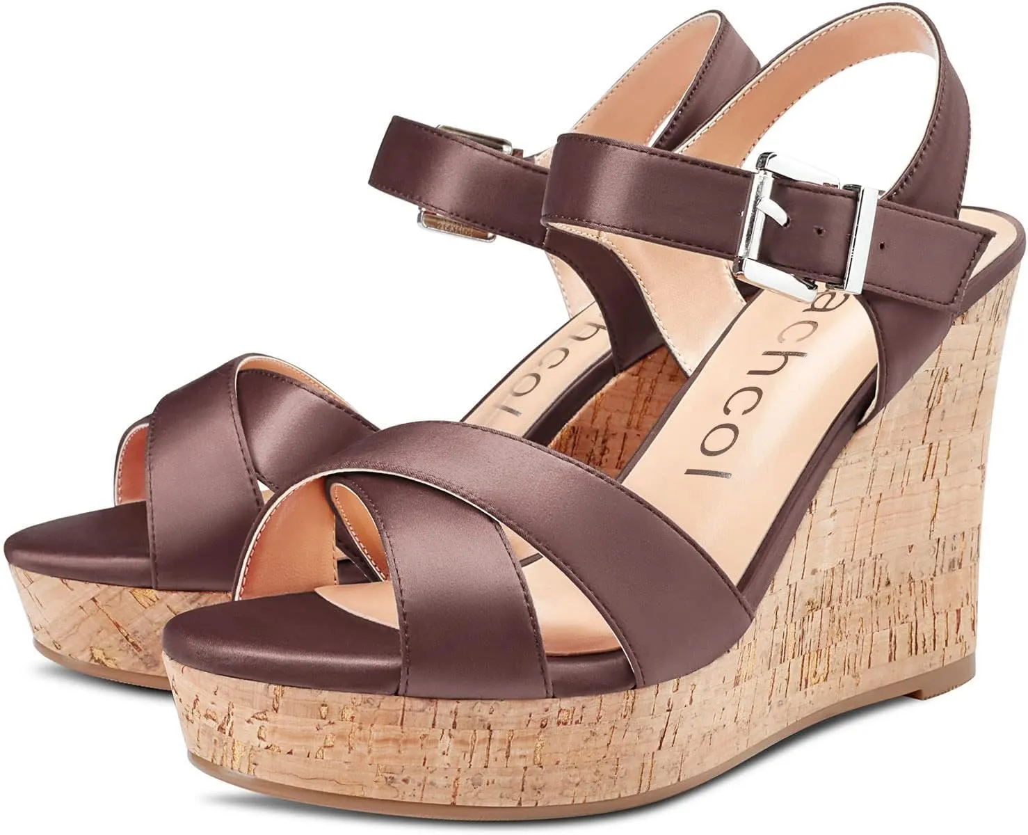 Aachcol Women Cork Wedge Sandals Peep Open Round Toe High Heel Ankle Strap Slingback Clear Dress Shoes Cute Classic Wedding Party 4 Inch