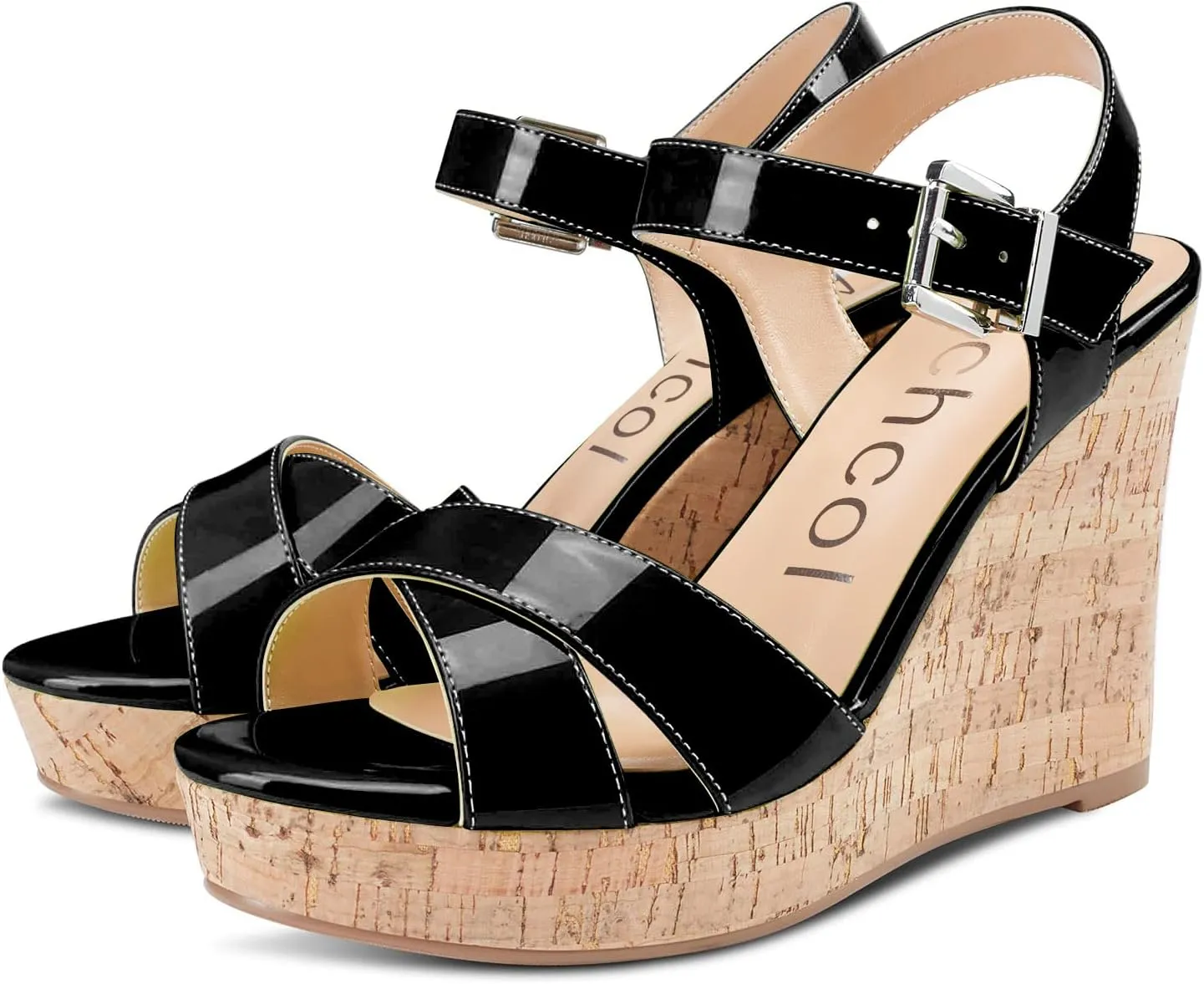 Aachcol Women Cork Wedge Sandals Slingback Ankle Strap Platform Open Toe High Heel Chunky Block Dress Shoes 4 Inch