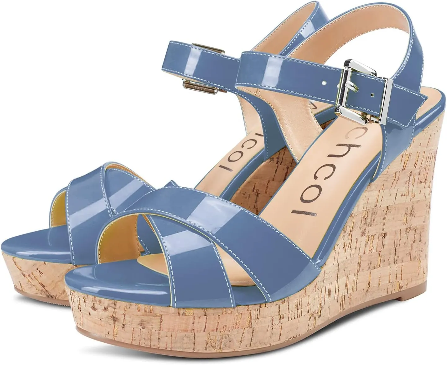 Aachcol Women Cork Wedge Sandals Slingback Ankle Strap Platform Open Toe High Heel Chunky Block Dress Shoes 4 Inch