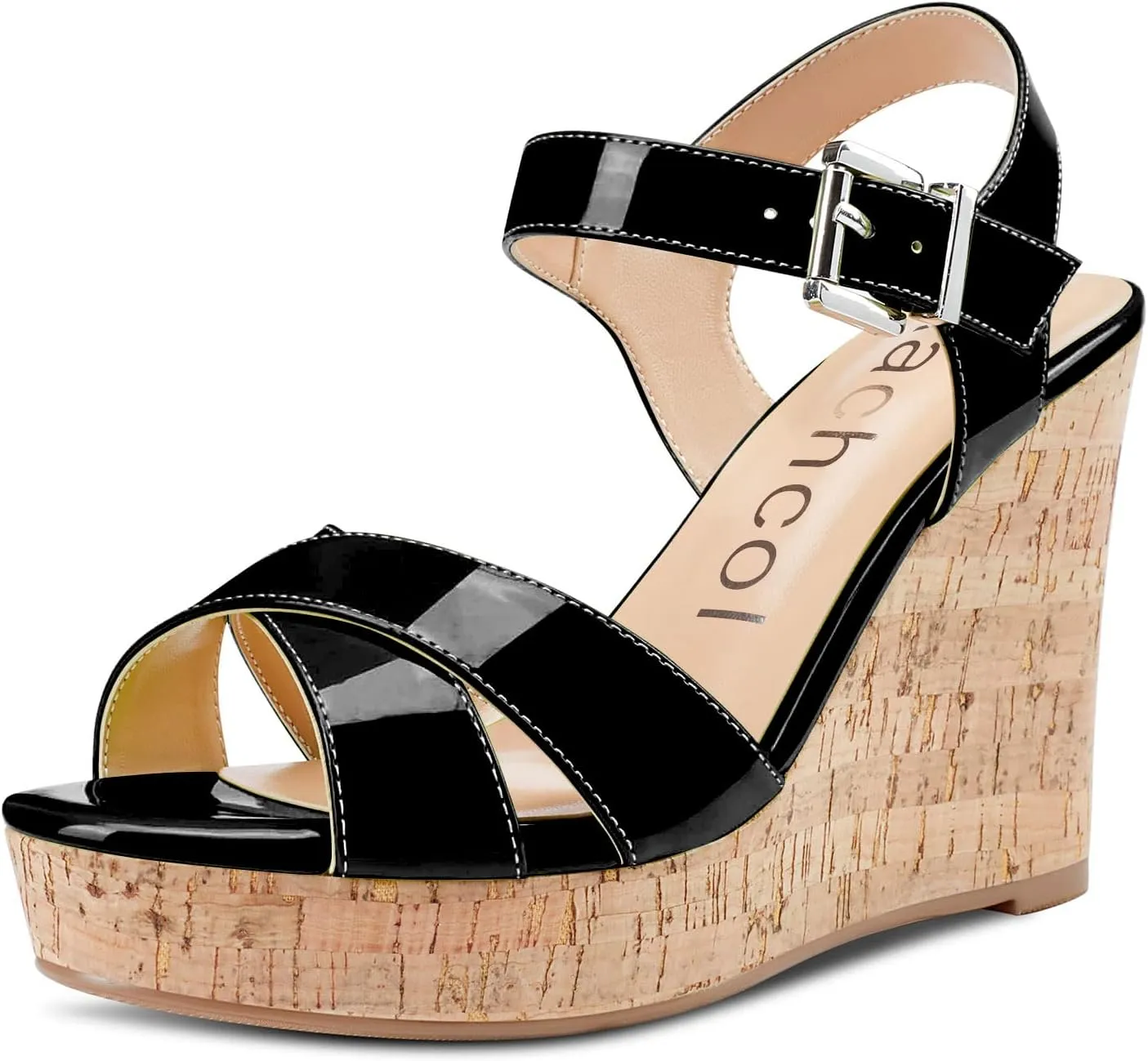 Aachcol Women Cork Wedge Sandals Slingback Ankle Strap Platform Open Toe High Heel Chunky Block Dress Shoes 4 Inch