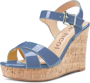 Aachcol Women Cork Wedge Sandals Slingback Ankle Strap Platform Open Toe High Heel Chunky Block Dress Shoes 4 Inch