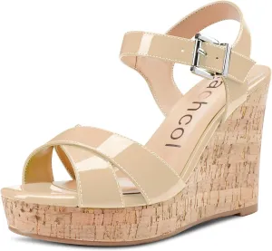 Aachcol Women Cork Wedge Sandals Slingback Ankle Strap Platform Open Toe High Heel Chunky Block Dress Shoes 4 Inch