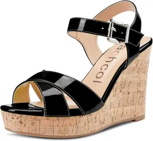 Aachcol Women Cork Wedge Sandals Slingback Ankle Strap Platform Open Toe High Heel Chunky Block Dress Shoes 4 Inch