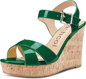Aachcol Women Cork Wedge Sandals Slingback Ankle Strap Platform Open Toe High Heel Chunky Block Dress Shoes 4 Inch