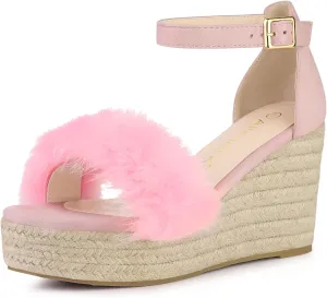 Allegra K Women's Espadrille Platform Heels Faux Fur Wedge Sandals