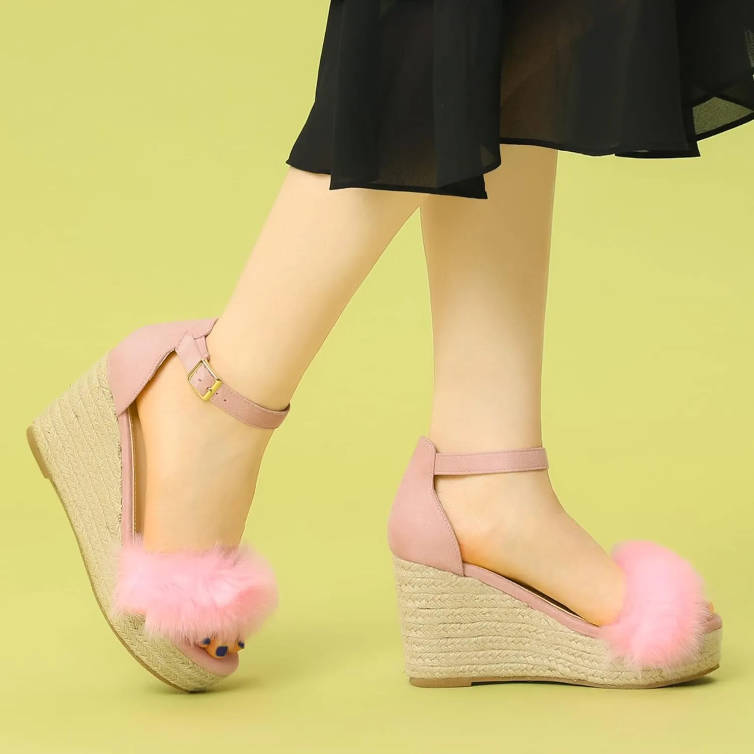 Allegra K Women's Espadrille Platform Heels Faux Fur Wedge Sandals