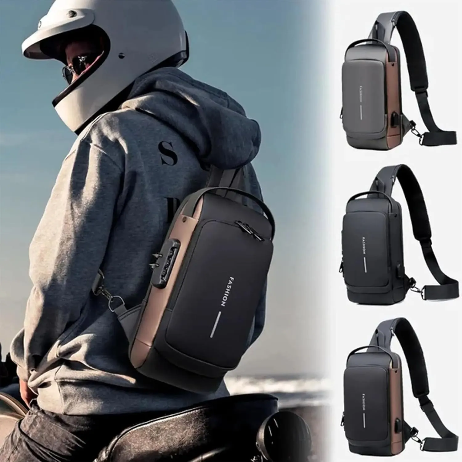 Auricz Bag, New Carbon Fiber Streamline Anti-Theft Sling Bag, Waterproof PU Leather Shoulder Bag with USB Connector