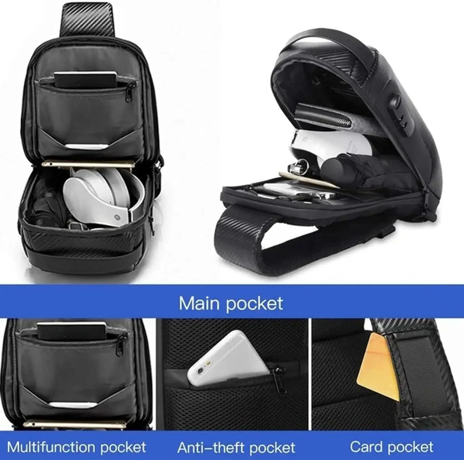 Auricz Bag, New Carbon Fiber Streamline Anti-Theft Sling Bag, Waterproof PU Leather Shoulder Bag with USB Connector