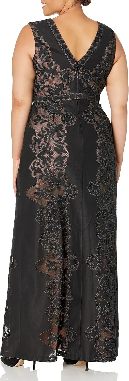 BCBGMAXAZRIA Women's V Neck Sleeveless Long Burnout Lace Column Dress