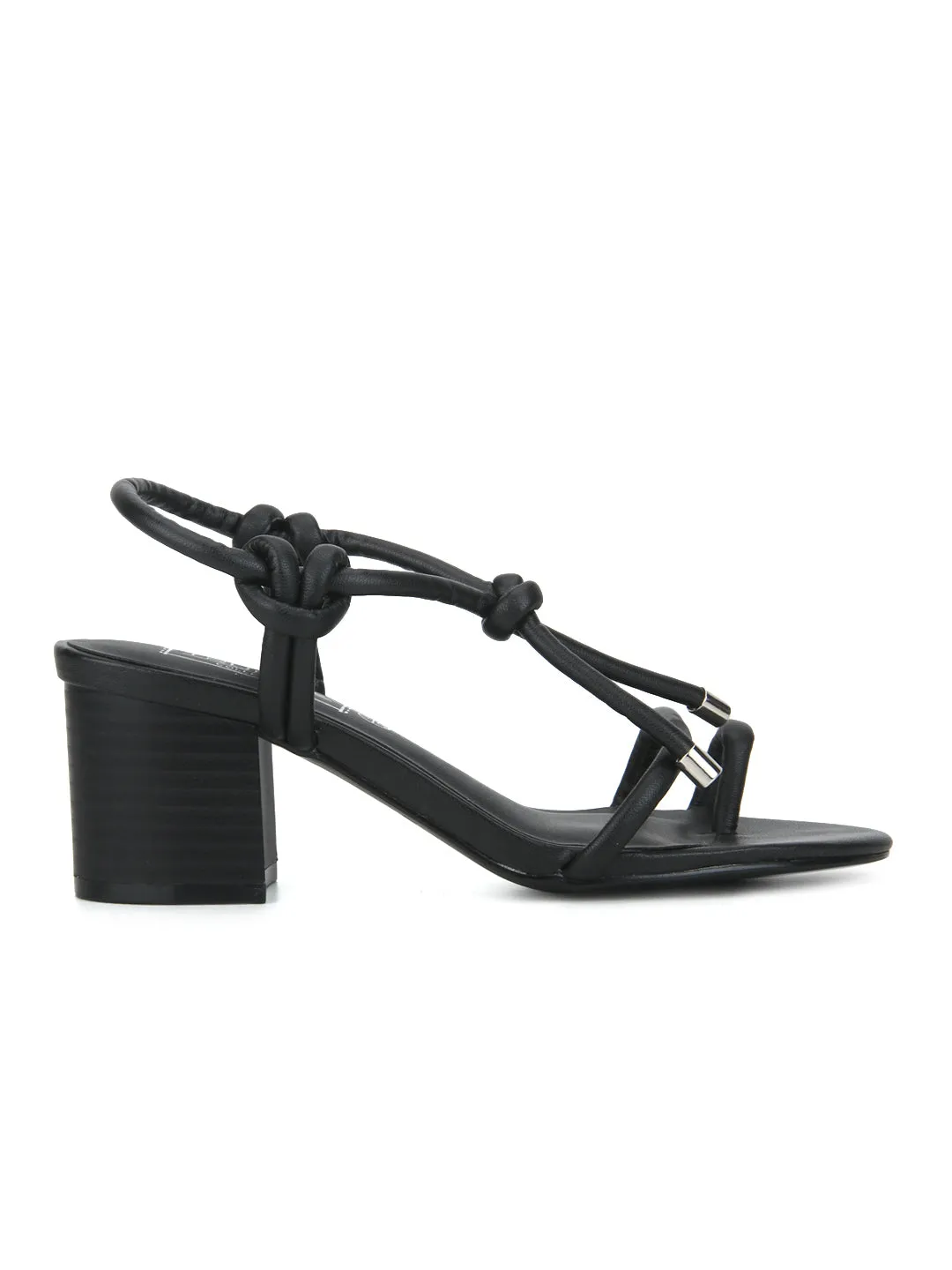 Black PU Low Block Heel Sandals