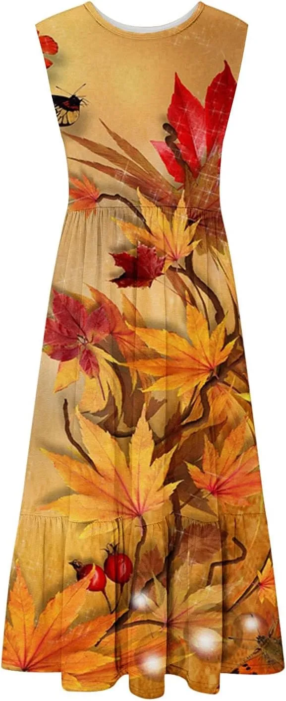 Boho Dresses for Women 2024 High Waist Ruched Maxi Tank Dresses Pockets Summer Hawaiian Dress Vacation Trendy