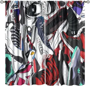 Boys Sports Curtains Basketball Shoes Window Treatment for Boys Bedroom Game Room Red Black Sneaker Sports Vintage Cool Kids Teen Mens Bedroom Decor Window Drapes 42" W X 45" L