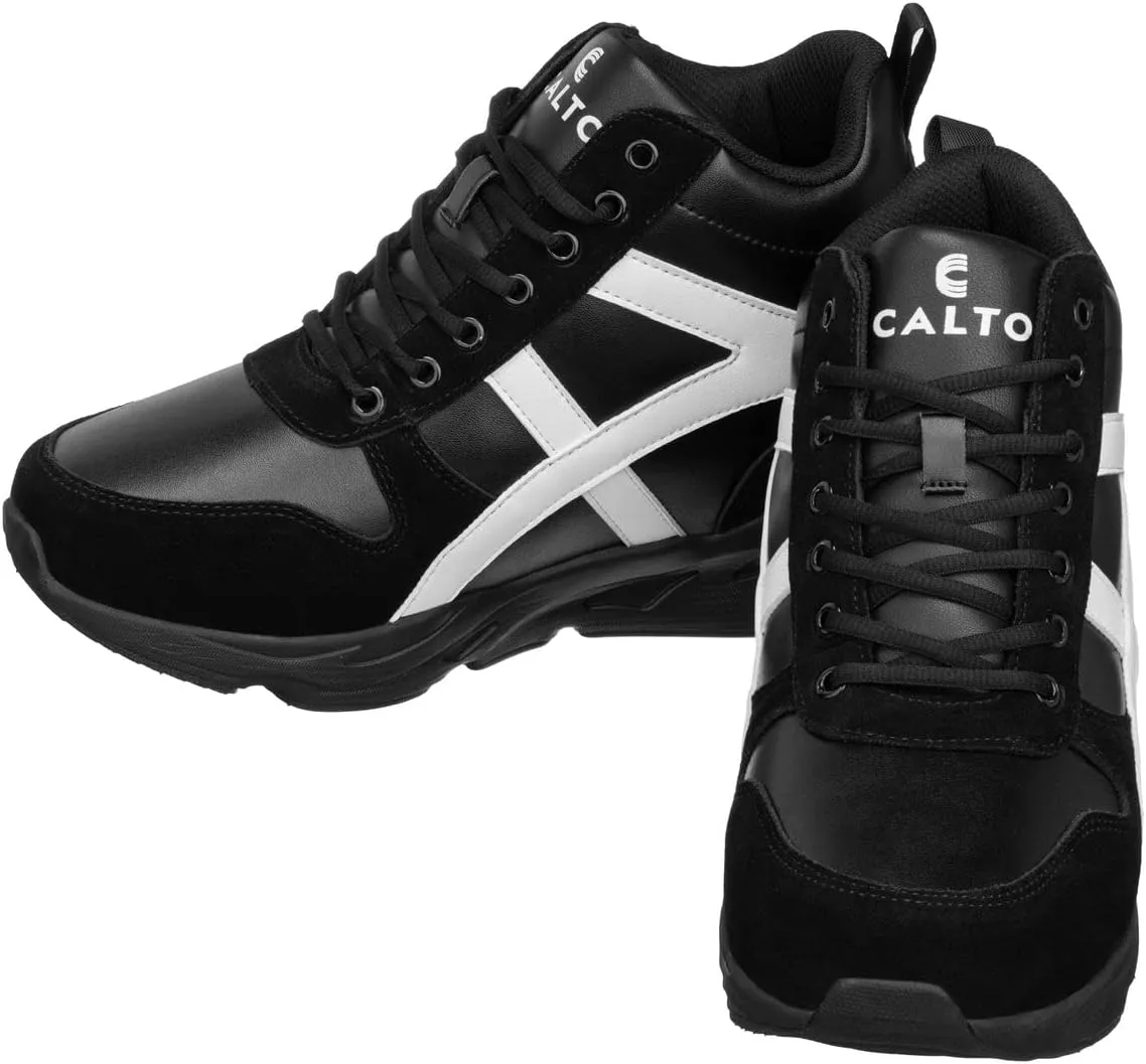 CALTO Men's Invisible Height Increasing Elevator Shoes - Black/White Lace-up High-Top Hiking Style Sneaker Boots - 3.6 Inches Taller - S22783 - Size 11 D(M) US