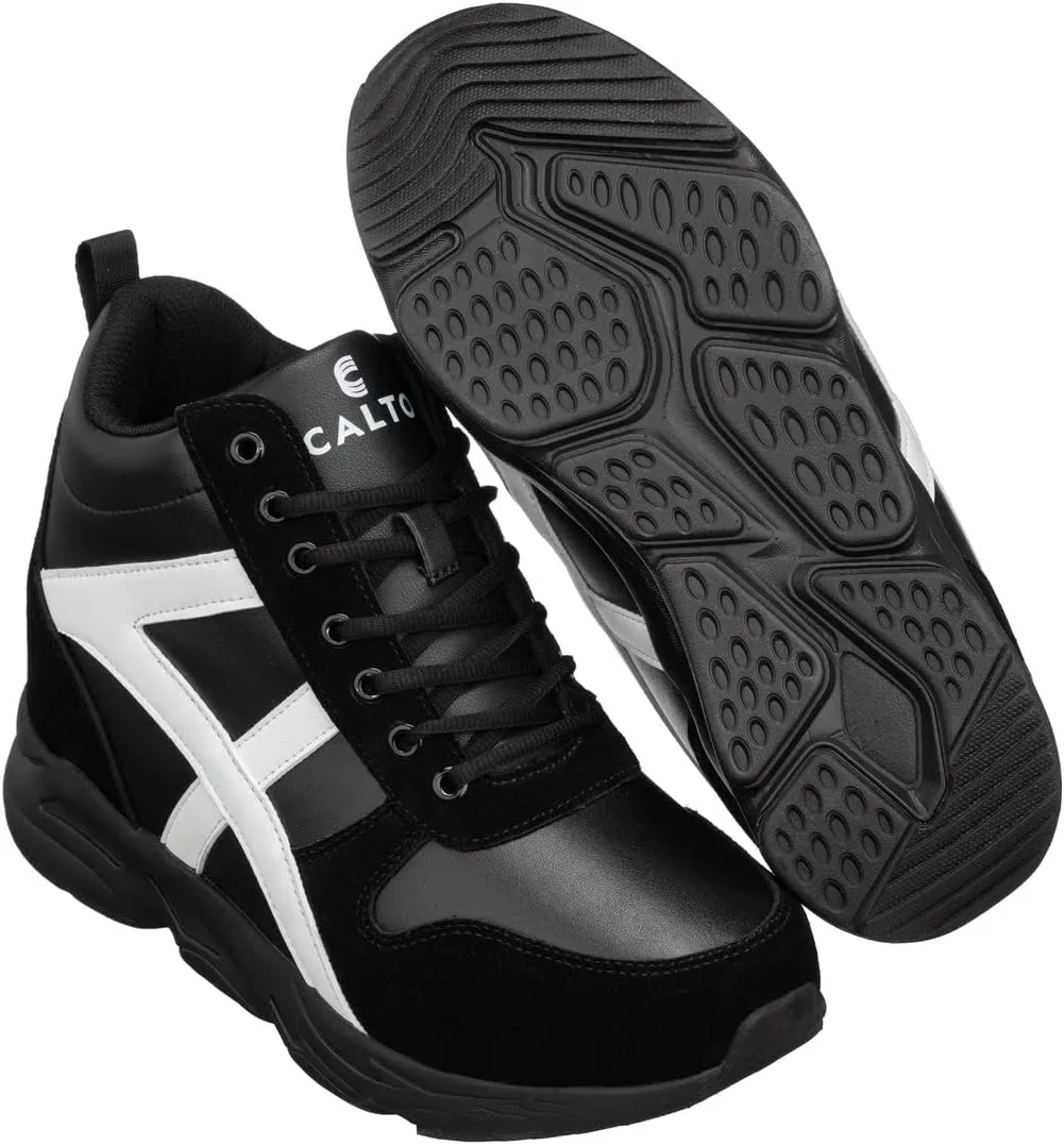 CALTO Men's Invisible Height Increasing Elevator Shoes - Black/White Lace-up High-Top Hiking Style Sneaker Boots - 3.6 Inches Taller - S22783 - Size 11 D(M) US