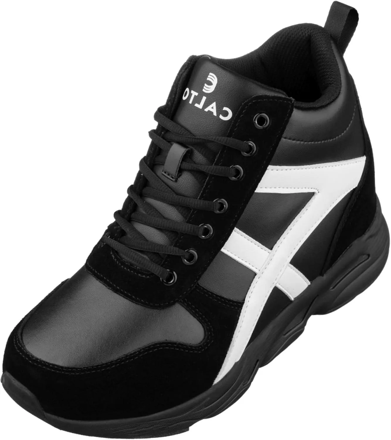 CALTO Men's Invisible Height Increasing Elevator Shoes - Black/White Lace-up High-Top Hiking Style Sneaker Boots - 3.6 Inches Taller - S22783 - Size 11 D(M) US