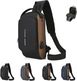 Carbon Fiber Streamline Anti-Theft Sling Bag, USB Charging Sport Sling,Waterproof Shoulder Backpack, for Daily Trips (Gold)