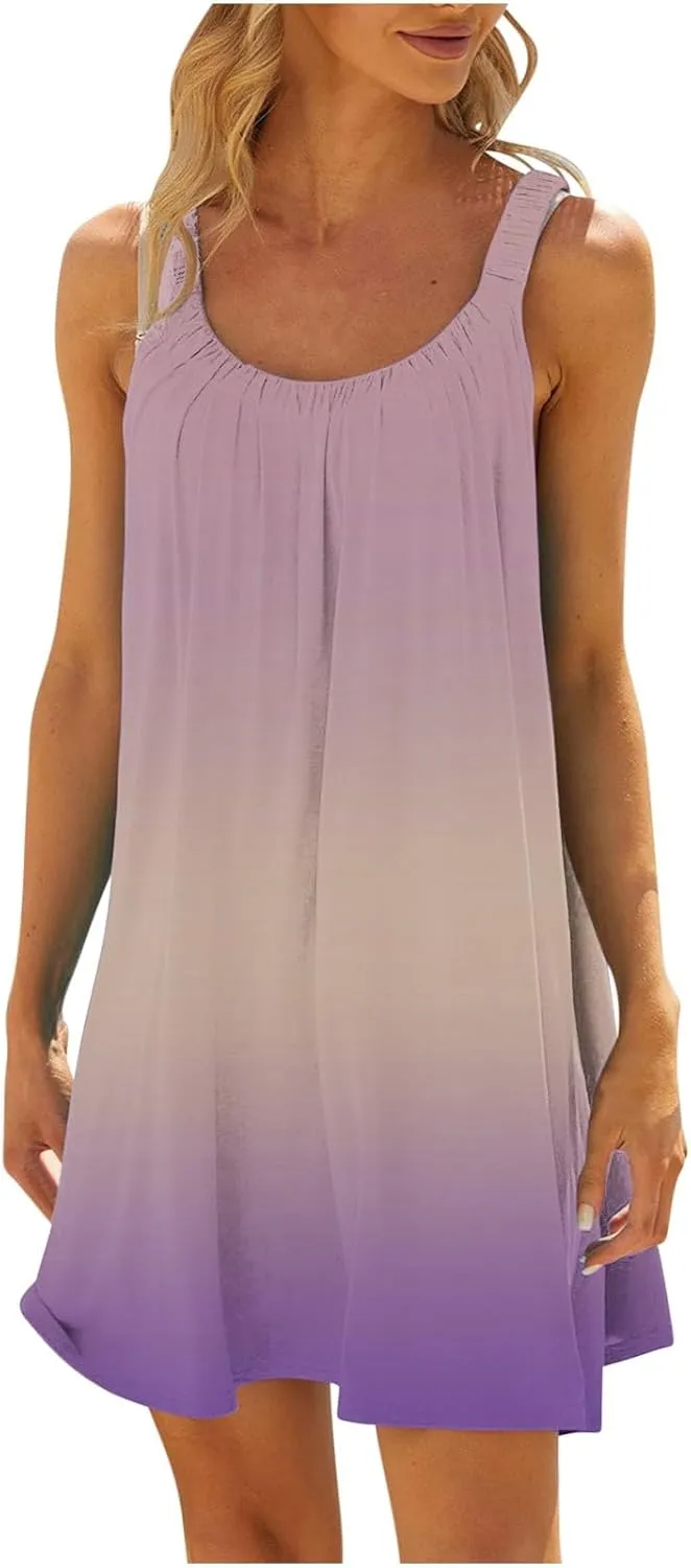Casual Dresses for Women Halter Strap Sleeveless Gradient Maxi Tank Dresses Summer Hawaiian Vacation Mini Dress