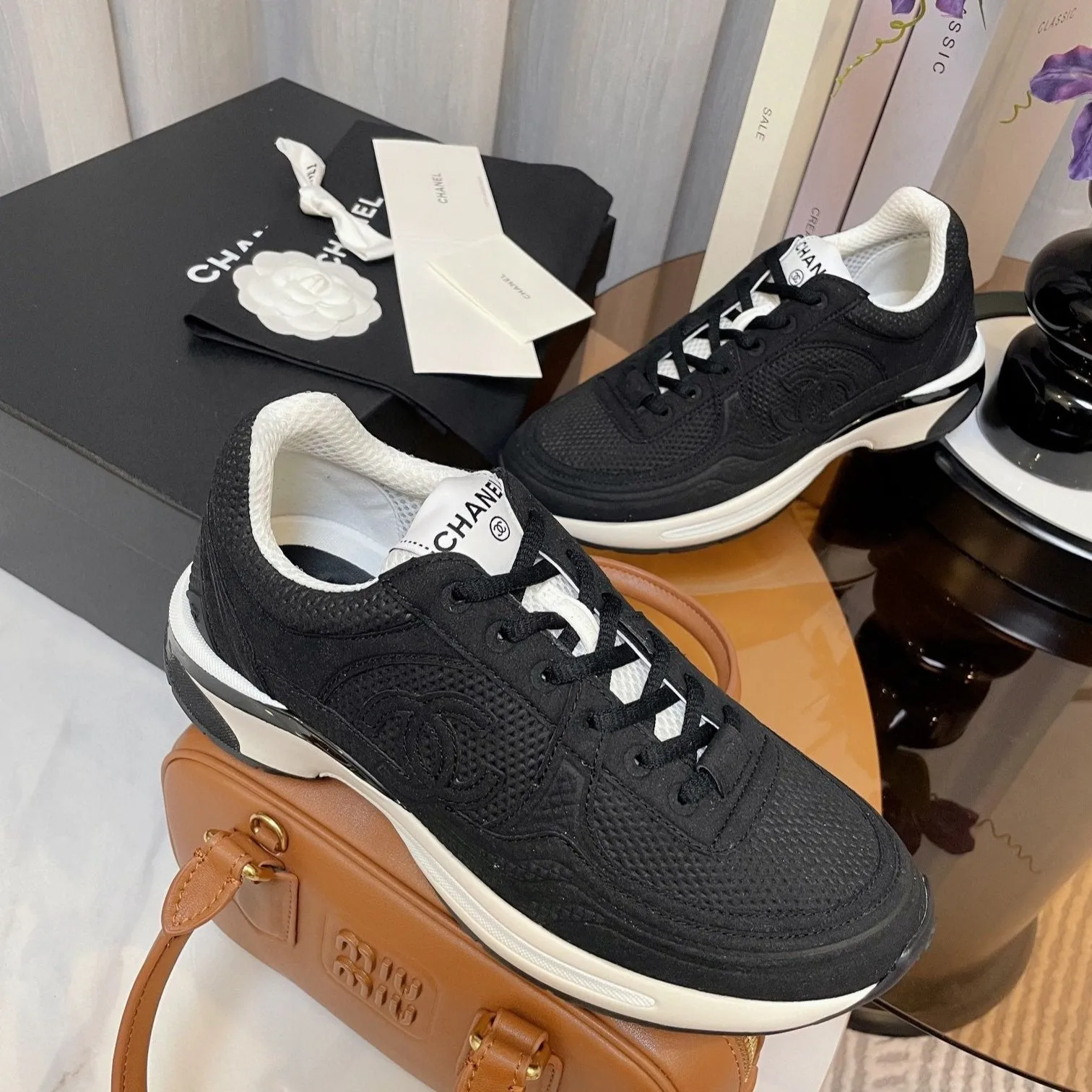 cc classic sneaker black fabric calfskin
