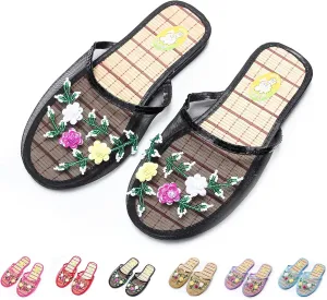 Chinese Slippers for Women, Mesh Bamboo Flats Floral Slippers, Breathable Home Comfort Chinese Style Sandal