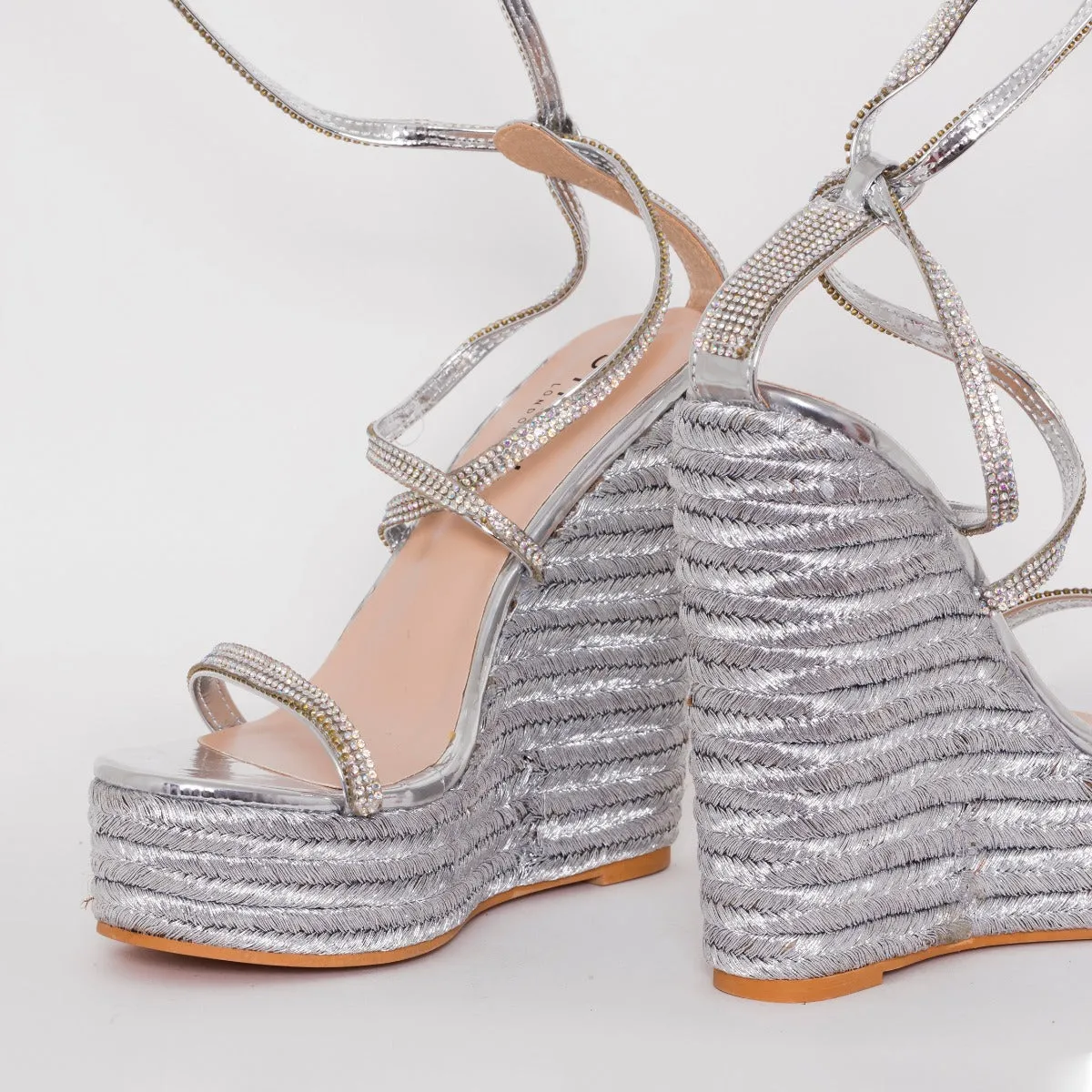 Ciara Wide Fit Silver Mirror Espadrille Wedges
