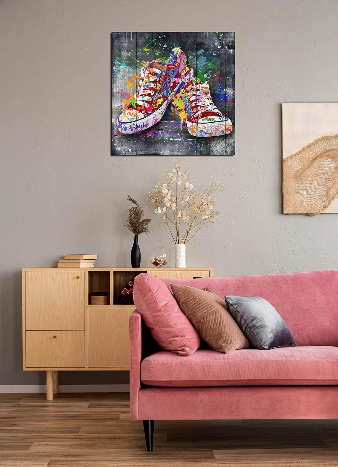 CIRABKY Bathroom Canvas Wall-Art Fashion - Red Wall Decor For Bedroom - Shoe Banksy Artwork Graffiti Art Ready To Hang Size 20" x 20"