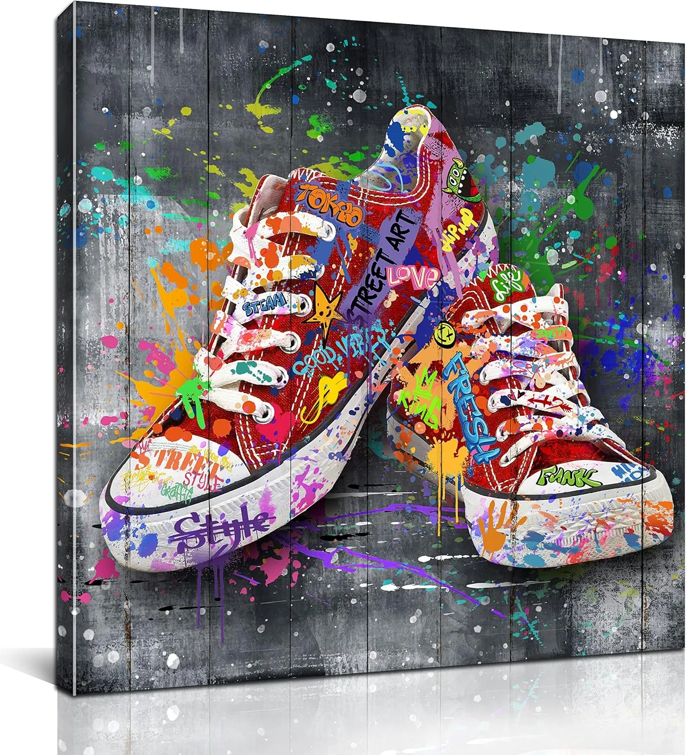 CIRABKY Bathroom Canvas Wall-Art Fashion - Red Wall Decor For Bedroom - Shoe Banksy Artwork Graffiti Art Ready To Hang Size 20" x 20"