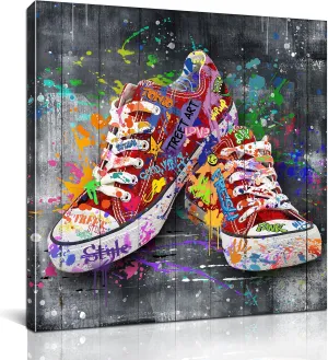 CIRABKY Bathroom Canvas Wall-Art Fashion - Red Wall Decor For Bedroom - Shoe Banksy Artwork Graffiti Art Ready To Hang Size 20" x 20"