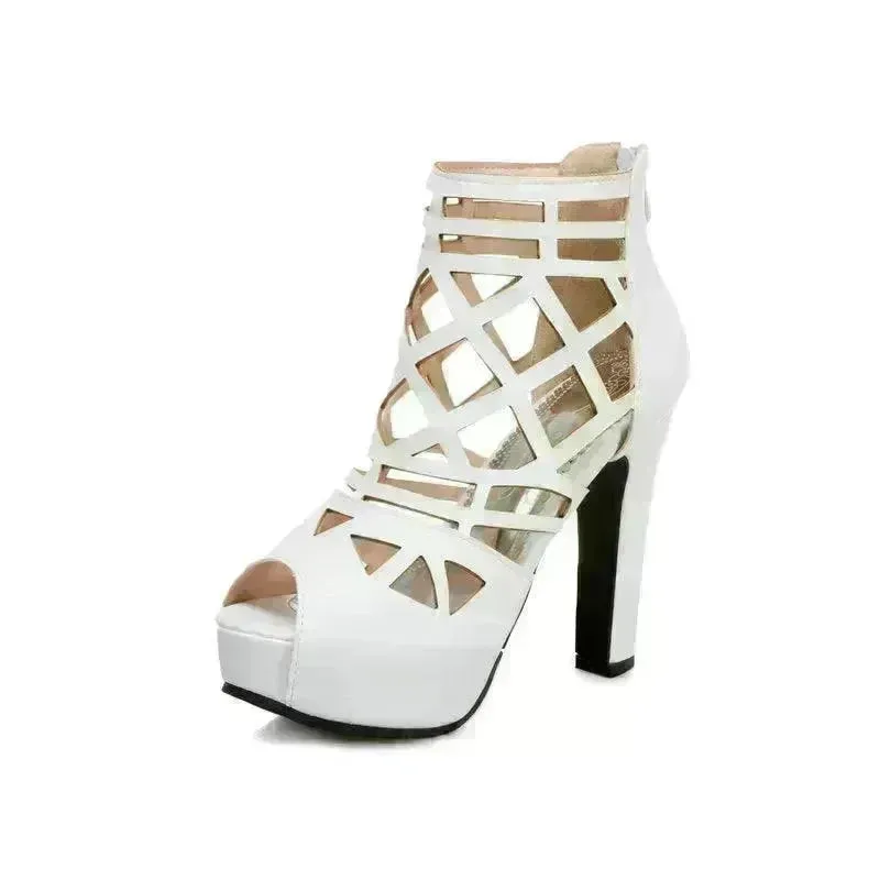 Classy Back Zipper Hollow Super High Thick Heel Fish Mouth Sandal Shoe